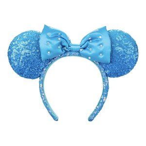 Disney Parks Aqua Blue Sequin Satin Bow Minnie Mouse Ears Headband